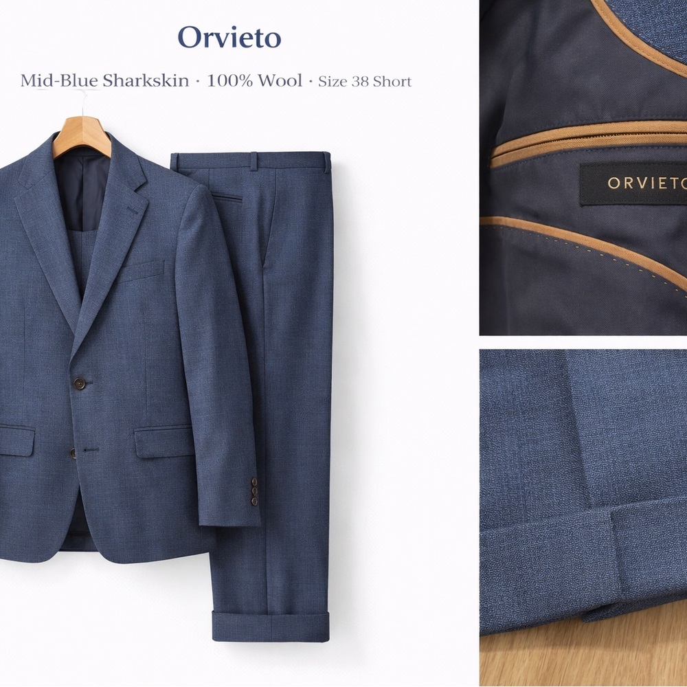 Mid-Blue Sharkskin Wool Suit Jacket & Trousers - 38S